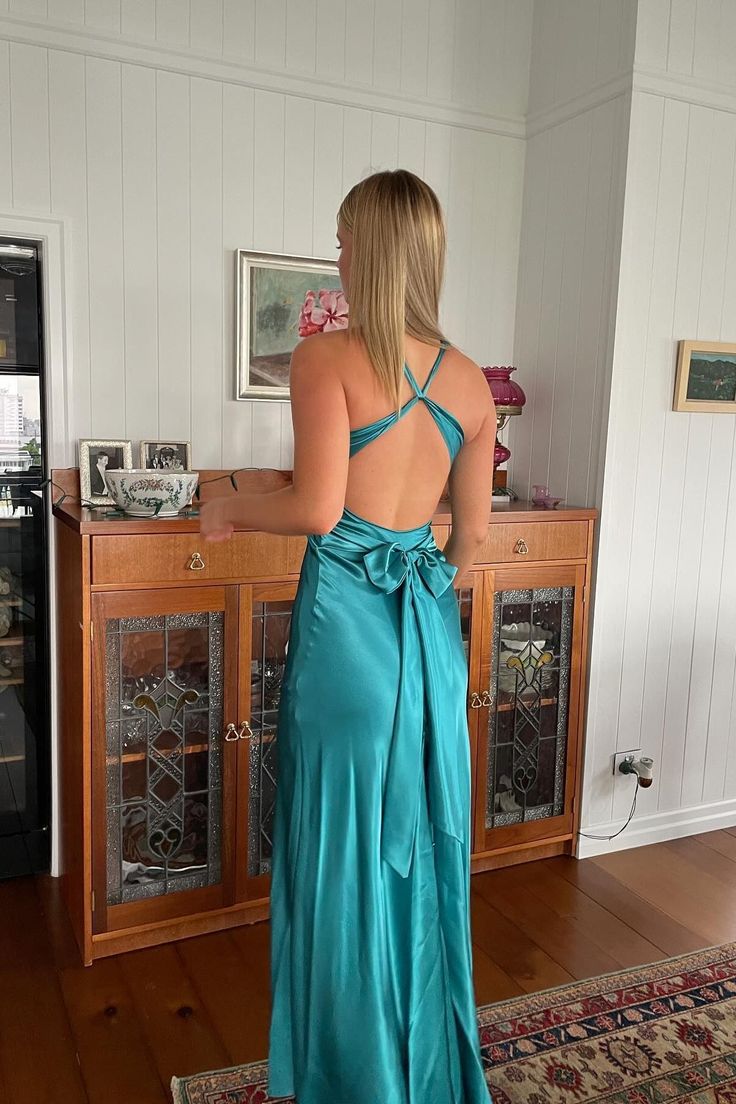 Turquoise Twist Sheath V Neck Satin Long Party Dress Evening Dress DP1151
