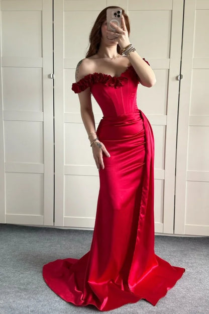Navy Blue Mermaid Off the Shoulder Floral Corset Satin Prom Dress Evening Dress Date Dress DP3467