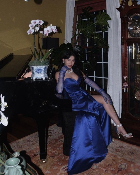 Blue Modest Sweetheart Satin Slit Prom Dresses 18th Birthday Outfits  DP3309