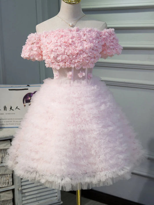 Pink A Line Tulle Homecoming Dresses With Flower Appliques DP858