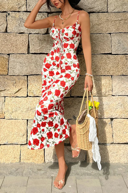 Summer Sheath Spaghetti Strap Red Rose Print Prom Dress Evening Dress DP5572