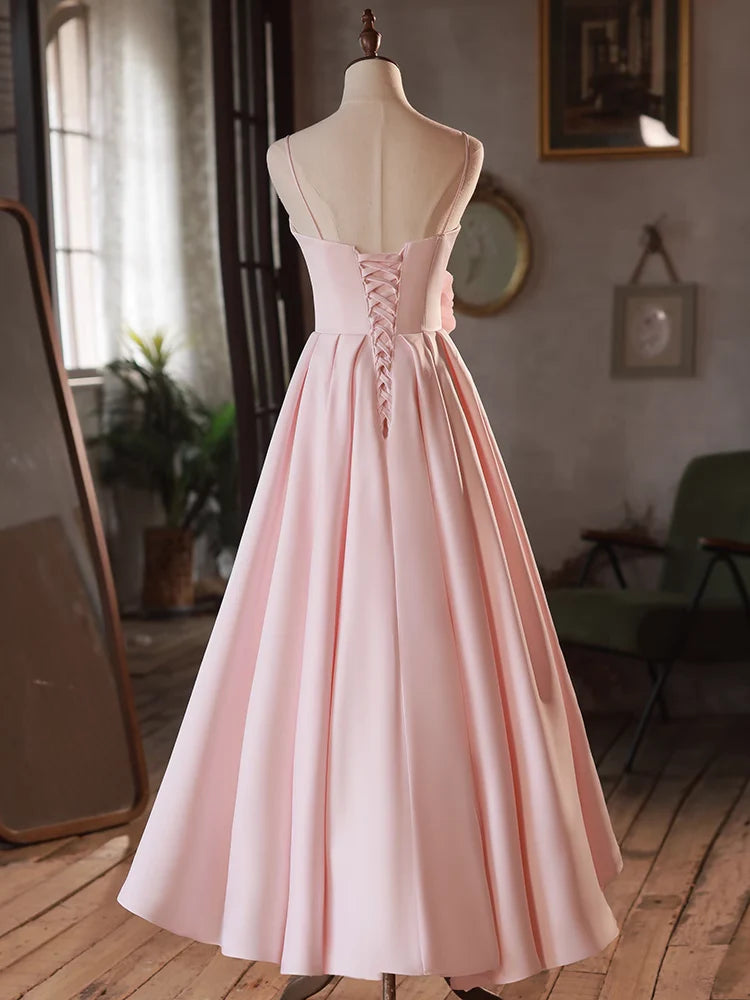 Elegant Pink A Line Spaghetti Straps Satin Prom Dress with Flower DP1122