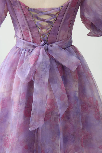 Purple A Line Puff Sleeve Corset Long Prom Dress With Slit Floor Length DP1138