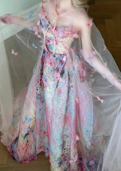 Princess Ball Gown Bow Pink Print Floral Chiffon Long Prom Dress DP4647