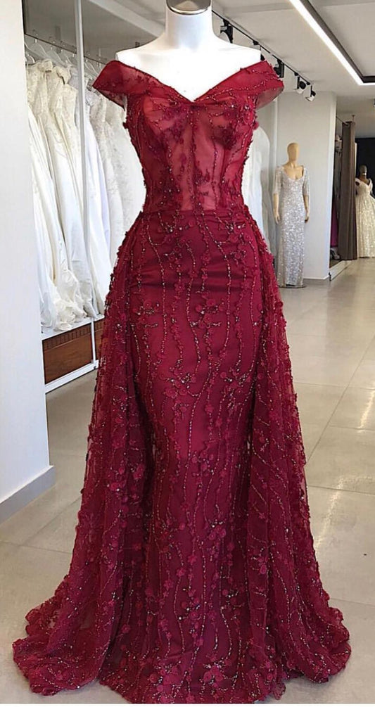 Burgundy Exquisite Beaded Appliques Mermaid V Neck Tulle Prom Dress Party Dress Formal Dress DP3203