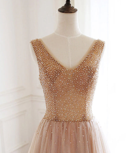 Champagne V Neck Beads Tulle Long Prom Dress Evening Dress DP1172