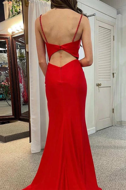 Red Mermaid Spaghetti Strap Satin Long Prom Dress with Slit DP1171