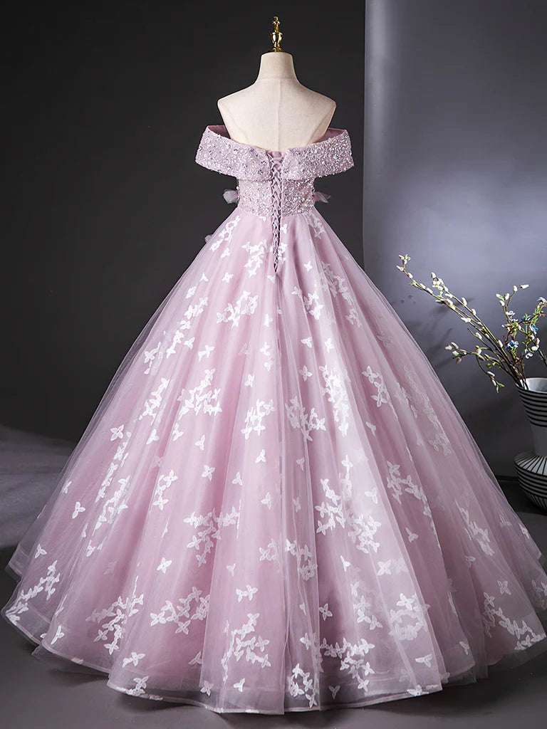 A Line Off the Shoulder Sequins Lace Tulle Pink Long Prom Dress Evening Dress DP1052