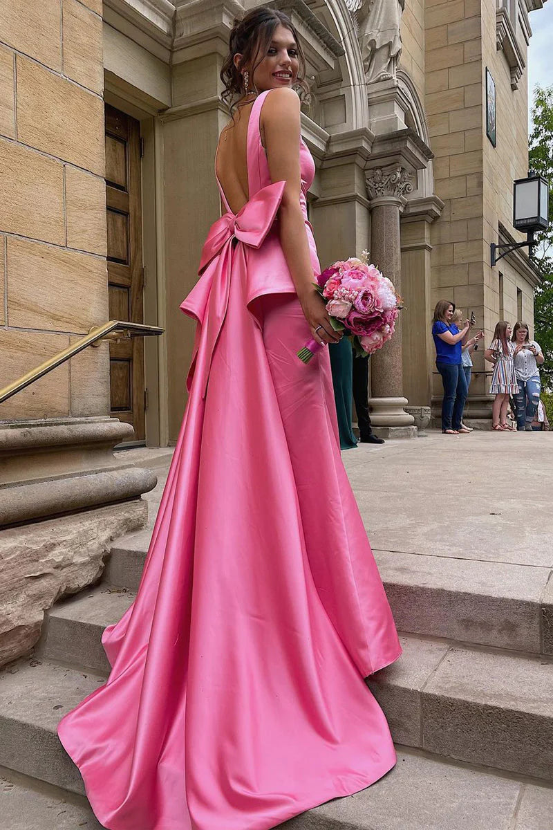 Mermaid V Neck Pink Satin Long Prom Dresses with Big Bow DP1094