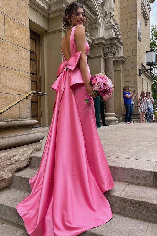 Mermaid V Neck Pink Satin Long Prom Dresses with Big Bow DP1094