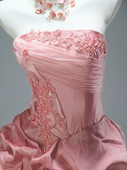 Sweety Pink Ball Gown Strapless Beaded Layered Satin Organza Prom Dress Quinceanera Dress DP5066