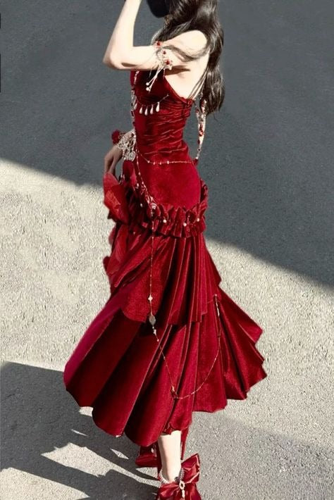 Stunning Burgundy Mermaid Spaghetti Strap Ruffle Velvet Prom Dress DP4156(Accessories not included)