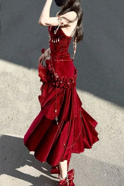 Stunning Burgundy Mermaid Spaghetti Strap Ruffle Velvet Prom Dress DP4156(Accessories not included)