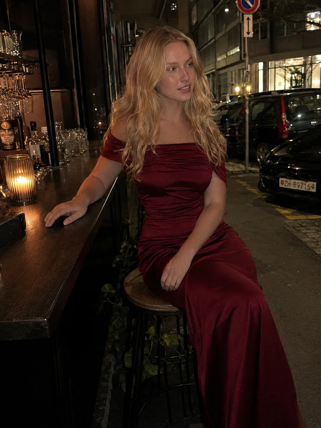 Chic Burgundy Sheath Off the Shoulder Satin Prom Dress Evening Dress DP6092