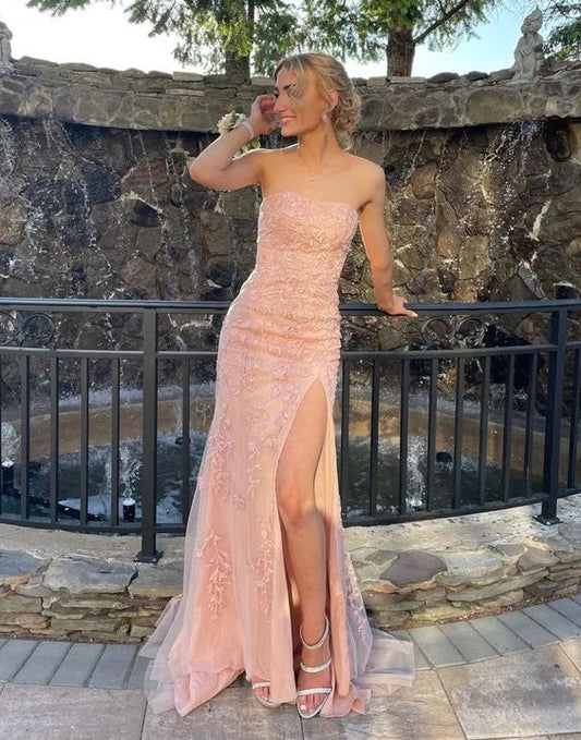 Elegant Pink Side Slit Mermaid Strapless Appliques Long Prom Dress  DP747