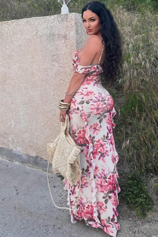 Sweety Sheath Spaghetti Straps Ruffle Print Floral Chiffon Prom Dress Evening Dress DP5587