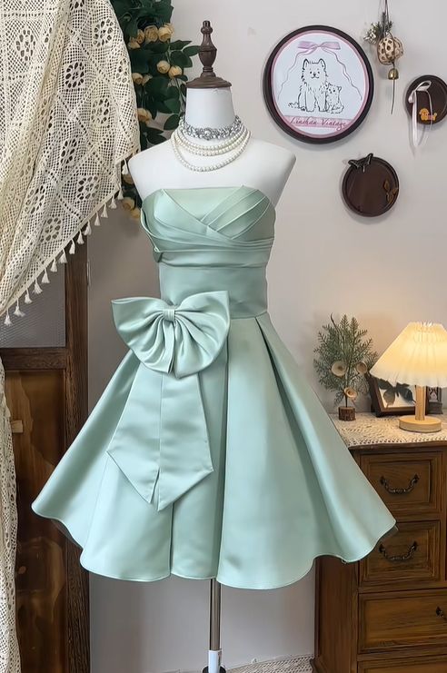 Teal Retro Simple A Line Strapless Bow Satin Short Homecoming Dress Cocktail Dress Outfits DP3140