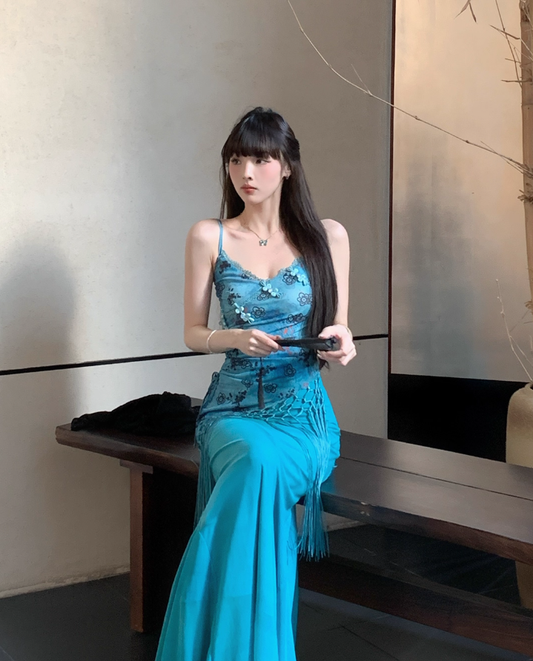 Blue Print Floral Mermaid Spaghetti Straps Chiffon Long Date Dress Party Dress Outfits DP3426