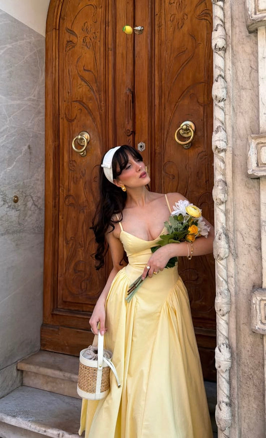 Simple Yellow A Line Spaghetti Strap Satin Long Prom Dress Outfits DP6821