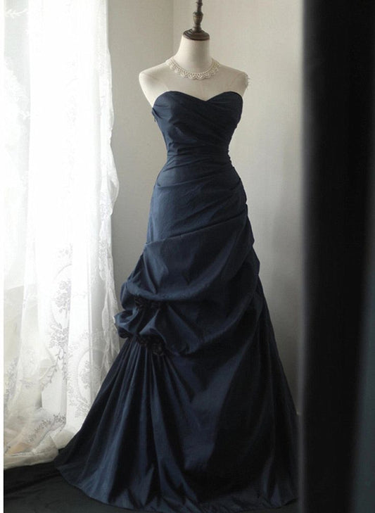 Dark Blue Vintage A Line Sweetheart Taffeta Long Prom Dress DP796
