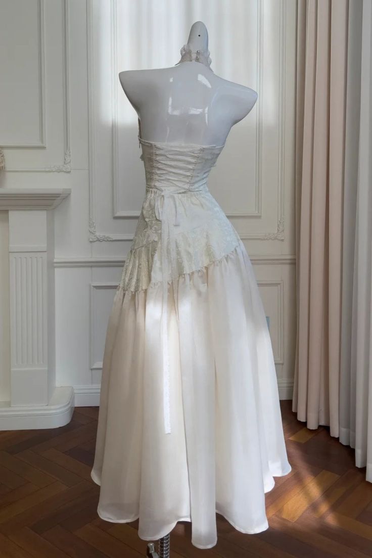 Vintage A Line V Neck White Print Floral Lace Satin Long Prom Dress Evening Dress DP4741