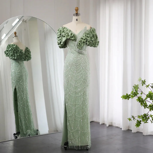 Elegant Mermaid Off-the-shoulder Sage Green Beaded Satin Slit Evening Dress DP956