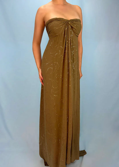 Brown A Line Sweetheart Neck Rhinestone Chiffon Long Prom Dress Evening Dress DP3296