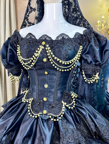 Black Ball Gown Puff Pearl Layered Lace Satin 16th Birthday Dress Quinceanera Dress DP4437