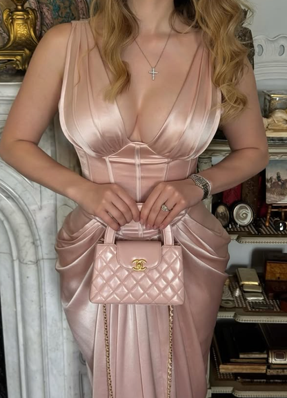 Gentle Pink Sheath V Neck Pleated Satin Long Prom Dress Party Dress DP6804