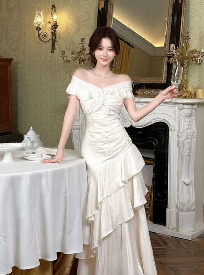 Gentle Apricot Mermaid Layered Satin Prom Dress Evening Dress DP5419