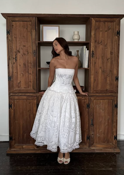 1960s A Line Strapless White Lace Satin Wedding Dress DP5294