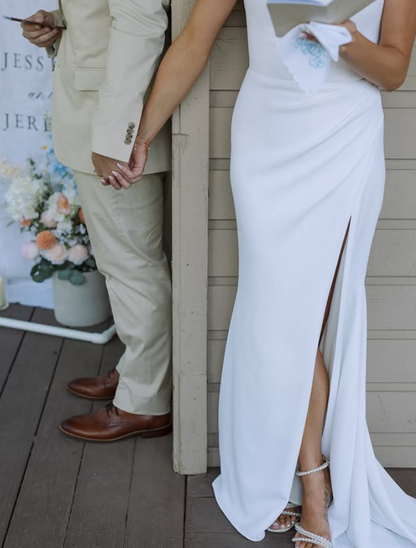 Simple Elegant Mermaid Spaghetti Strap White Satin Wedding Dresses DP4348