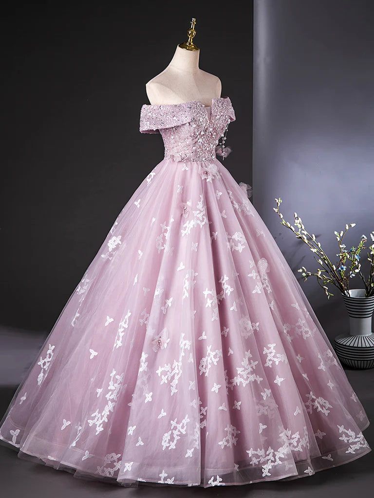 A Line Off the Shoulder Sequins Lace Tulle Pink Long Prom Dress Evening Dress DP1052
