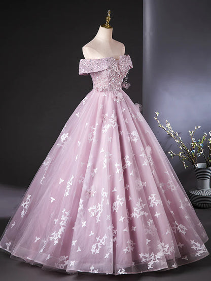 A Line Off the Shoulder Sequins Lace Tulle Pink Long Prom Dress Evening Dress DP1052