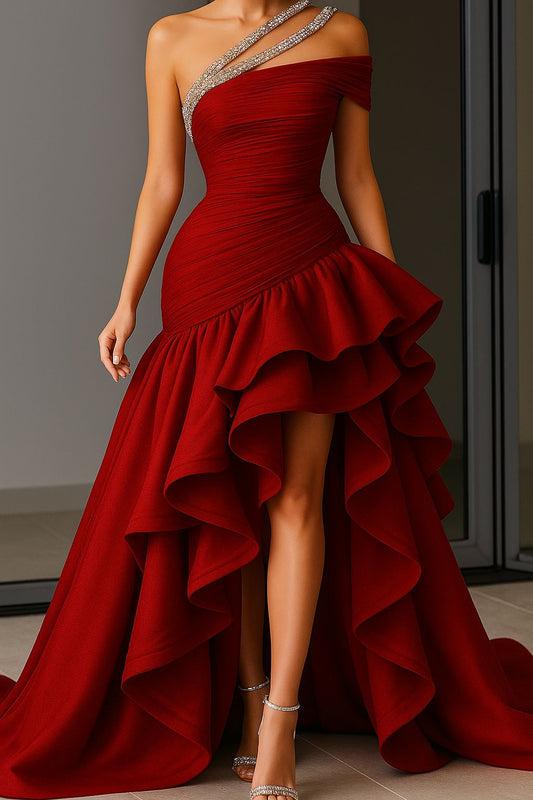 Stunning Burgundy A Line One Shoulder Beaded Ruffle Satin Prom Dress Evening Dress with Slit DP3269