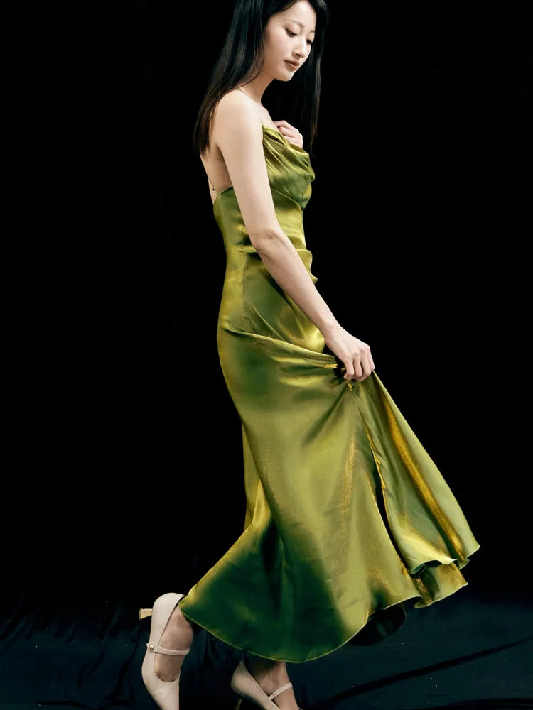 Charming A Line Spaghetti Strap Green Satin Prom Dress Evening Dress DP1711