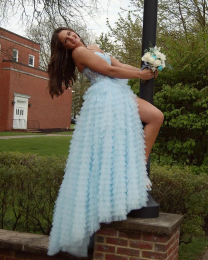 Trendy A Line Sweetheart Blue Corset Prom Dress with Appilques Ruffles DP7762