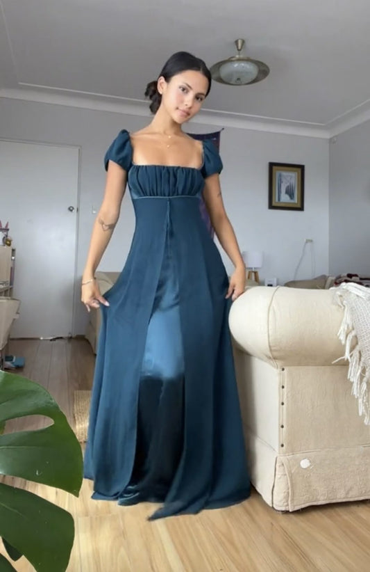 Classic Navy Blue A Line Puff Chiffon Satin Prom Dress Formal Dress Birthday Dress DP3393