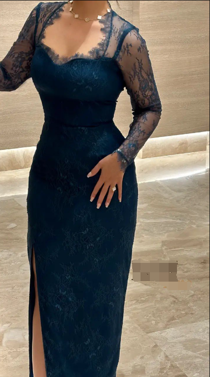 Peacock Blue Sheath Long Sleeve Lace Prom Dress Evening Dress with Slit DP7512