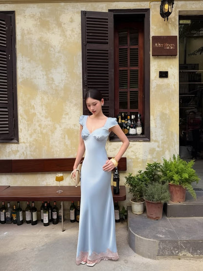Blue Sheath Satin Backless Long Prom Dress Date Dress DP7025