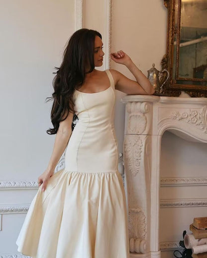 Elegant Mermaid Ruffles Pleated Hem White Satin Homecoming Dresses DP833
