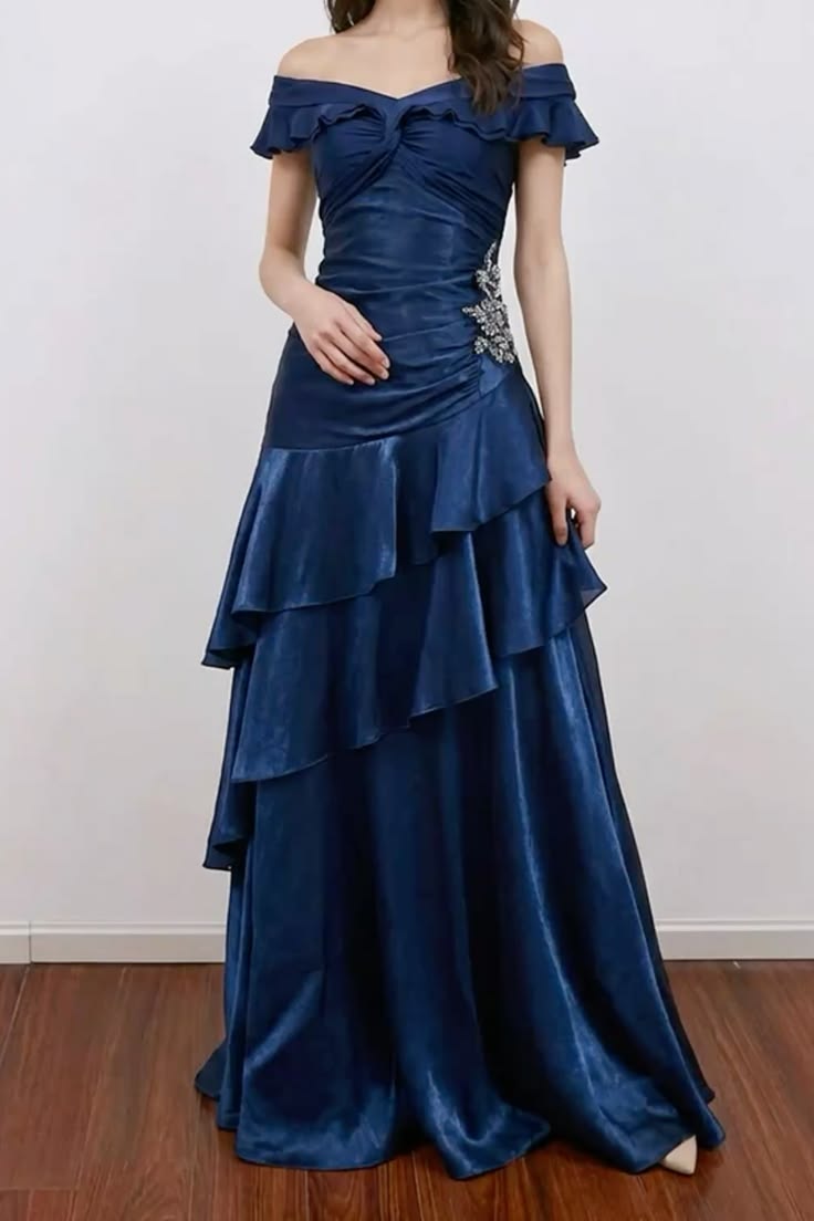 Navy Blue A Line V Neck Layered Beaded Satin Long Prom Dress DP5160