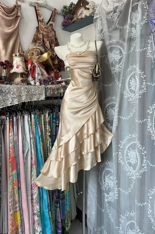 Champagne Mermaid Strapless Short Ruffle Satin Homecoming Dress Birthday Dress DP4006