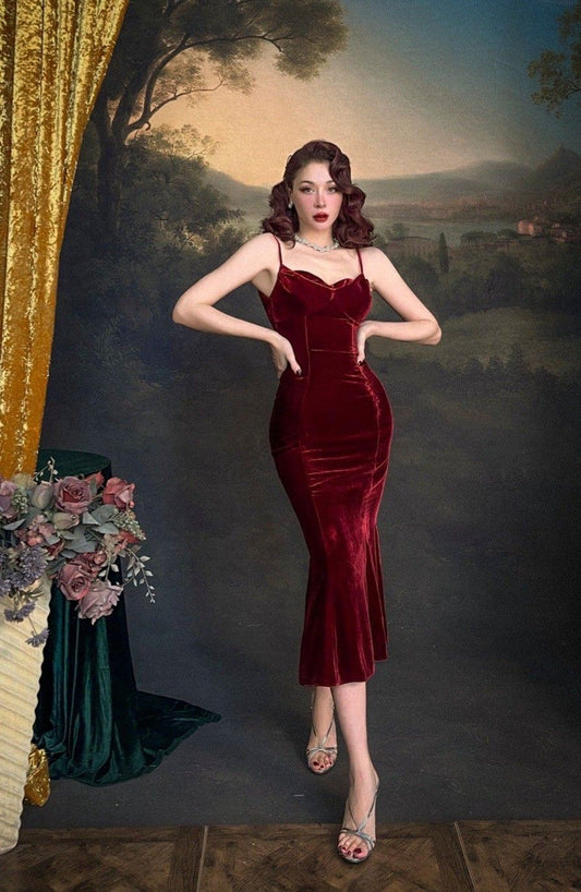 Classic Mermaid Spaghetti Strap Burgundy Velvet Tea Length Party Dress Prom Dress Formal Gown DP3729