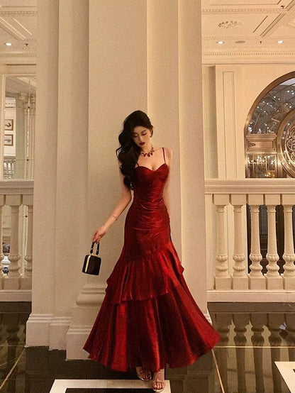 Burgundy Mermaid Spaghetti Straps Layered Satin Long Prom Dress Evening Dress DP2789