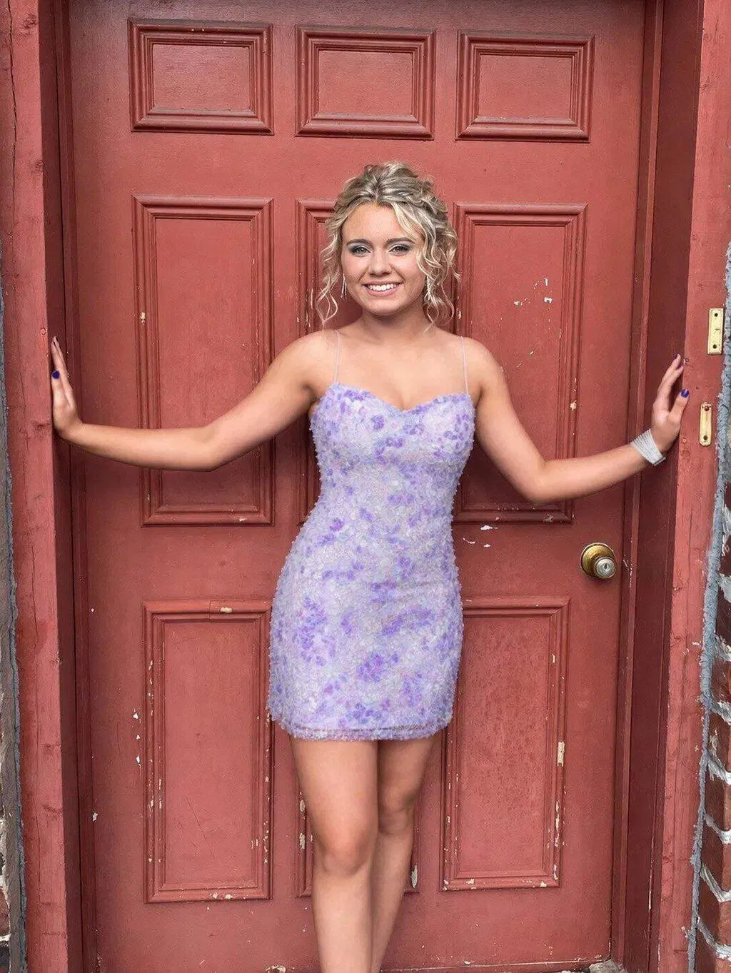 Purple Green Sequin Tulle Homecoming Dress Open Back Bow Tie Short Dress DP7082