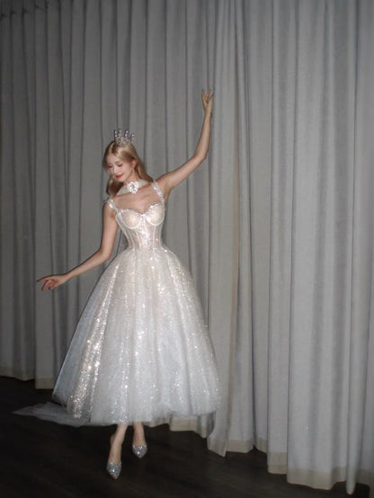 Shiny A Line Straps Beaded Sequin Tulle Prom Dress Party Dress DP6539