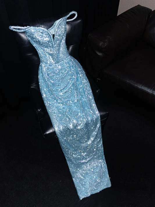 Stunning Blue Sheath Off the Shoulder Sequin Long Prom Dress Evening Dress DP1942