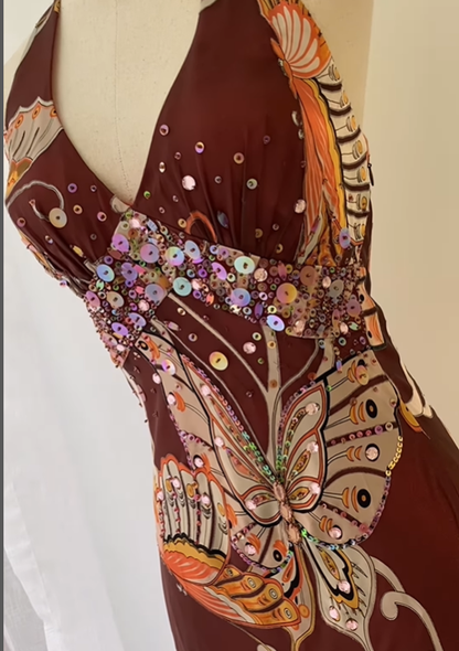 Vintage A Line Halter Beaded Sequins Chiffon Evening Dress Prom Dress DP1515