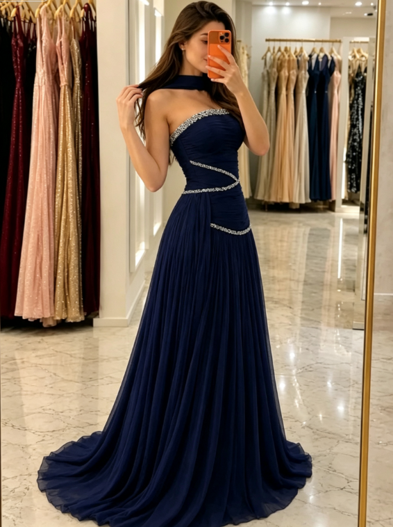 Stunning Navy Blue A Line Strapless Shiny Rhinestone Chiffon Prom Dress Evening Dress DP5634